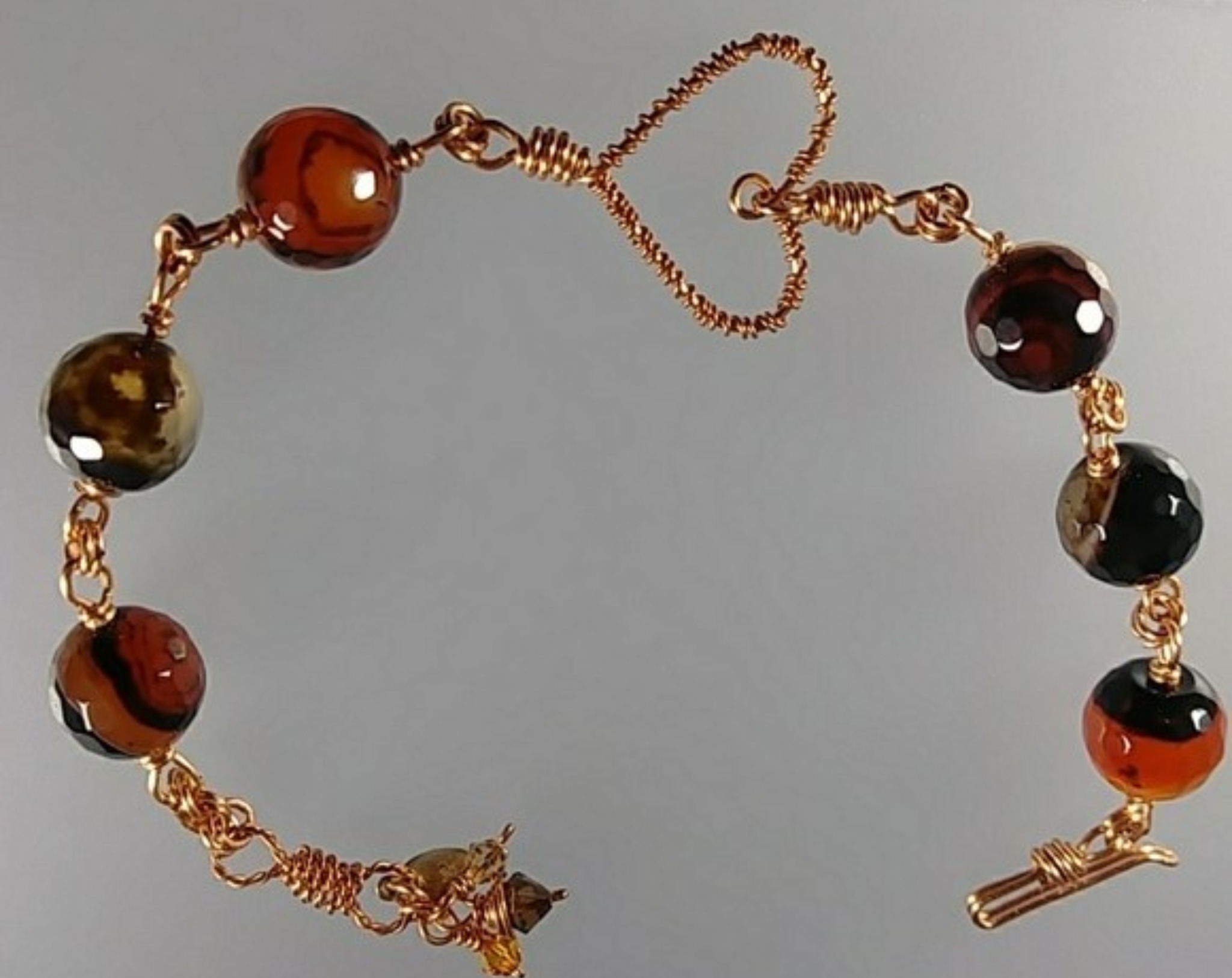 201-BCT (201-BCT) - Description: Handcrafted Bracelet, Banded Agate Amber Gemstone Beads, Swarovski Crystal, Copper Wire, Handcrafted Chain, Heart and Hook Closure - Dimension: 8 1/2' L (Inches)