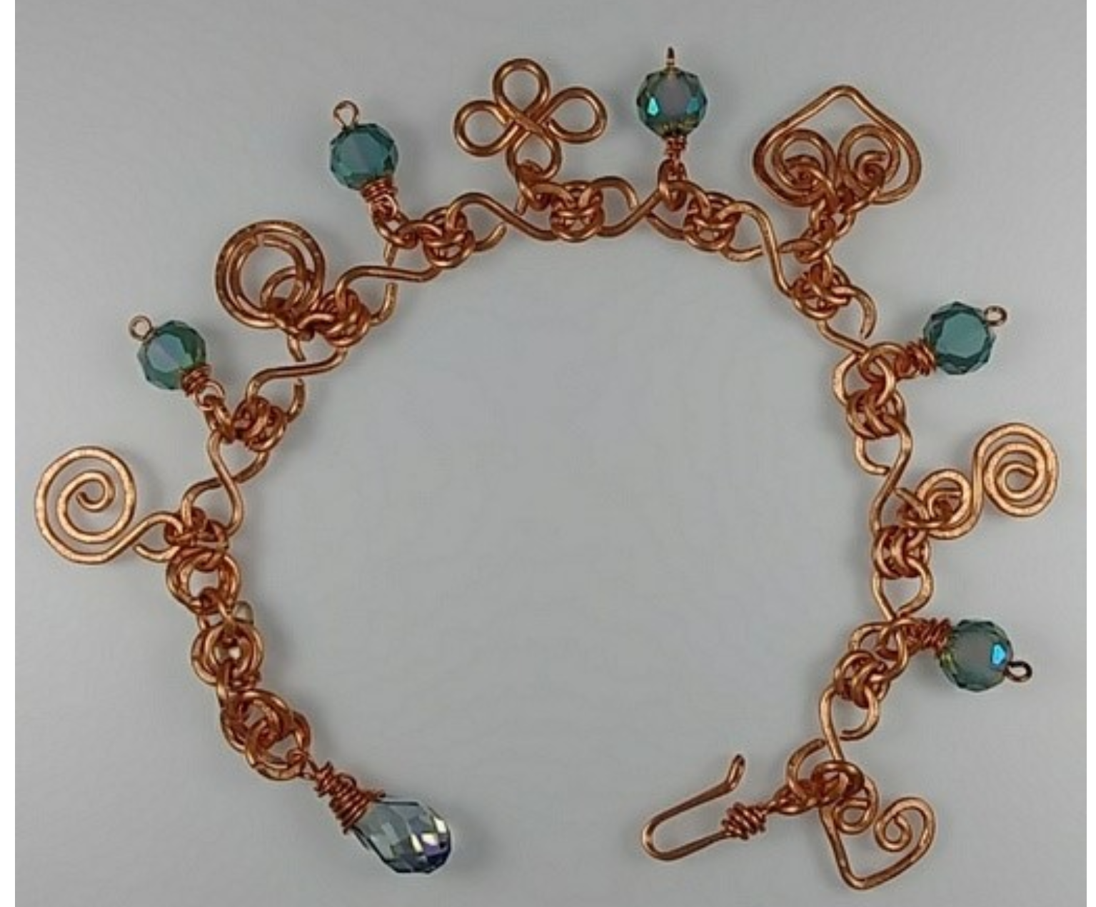 (220 - BCT) - Description: Handcrafted Bracelet, Copper Wire, Faceted Glass Beads, Hook Closure - Dimension: Adjustable up to 7 1/2 ' L (Inches)