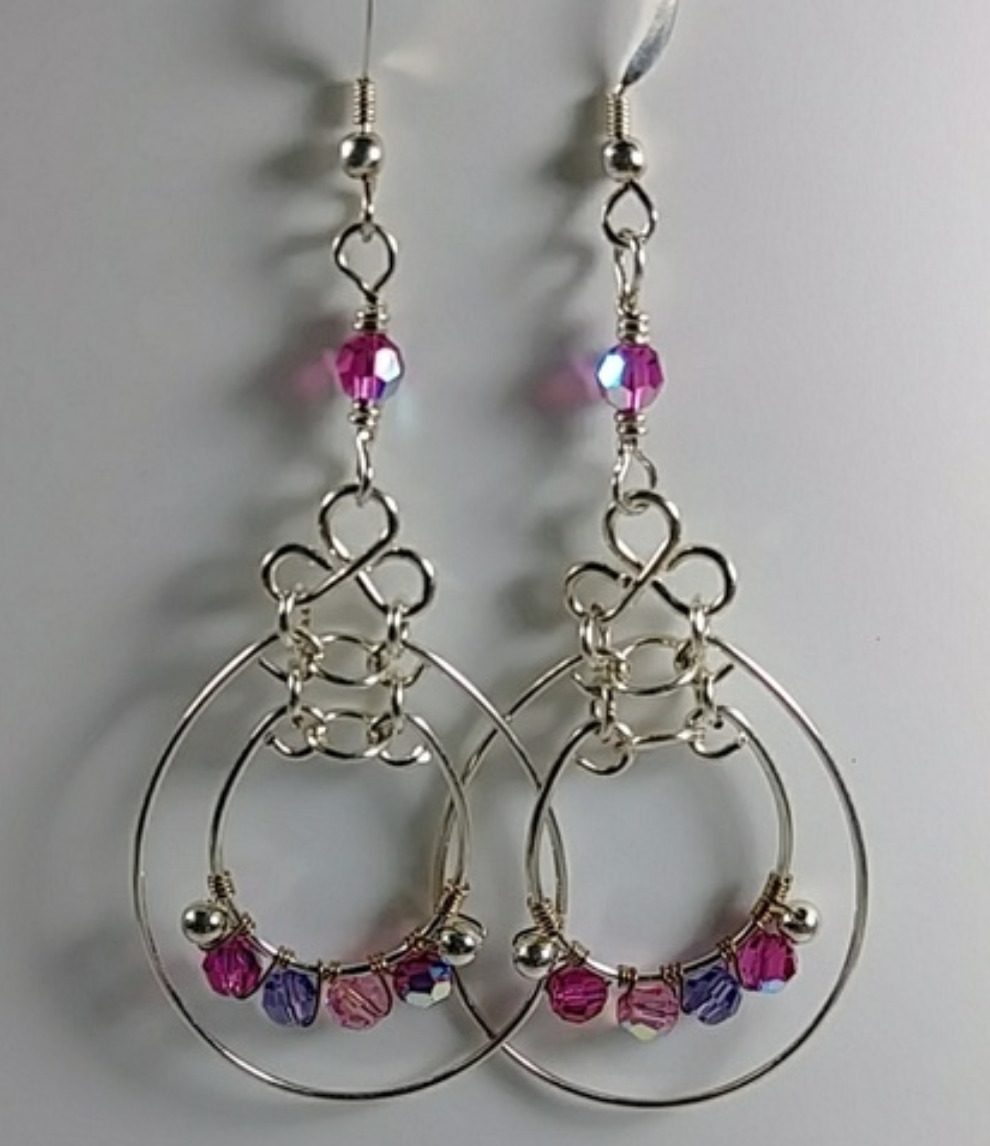 607 - EAR - Description: Earrings: Sterling Silver Wire/Beads, Fuchsia, Violet and Light Rose Swarovski AB Crystal Beads, Sterling Silver Fishhook Earwire. Dimension: (3”L) x (1” W) (Inches)