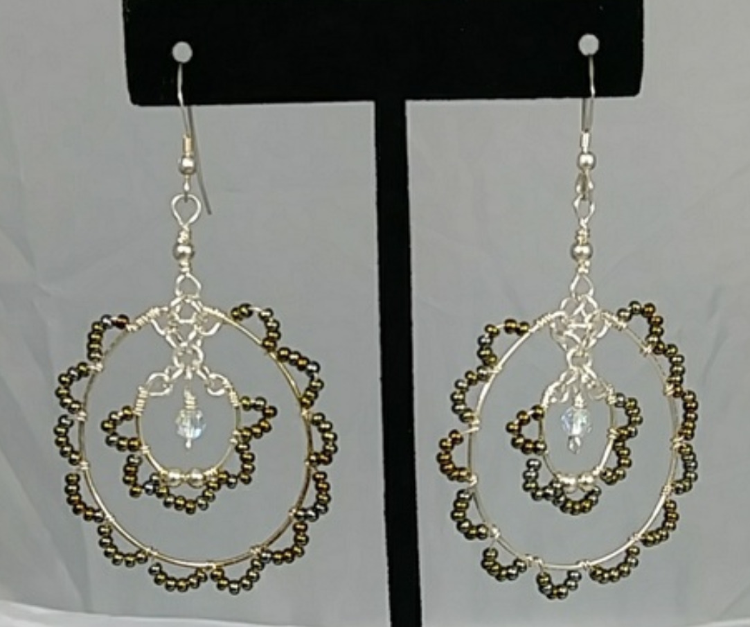 620 - EAR - Description: Earrings: Sterling Silver Ear Wire / Seed Beads, Swarovski Crystal/Sterling Silver Beads Dimension: Approximately: (2-1/2”L) x (1” W)