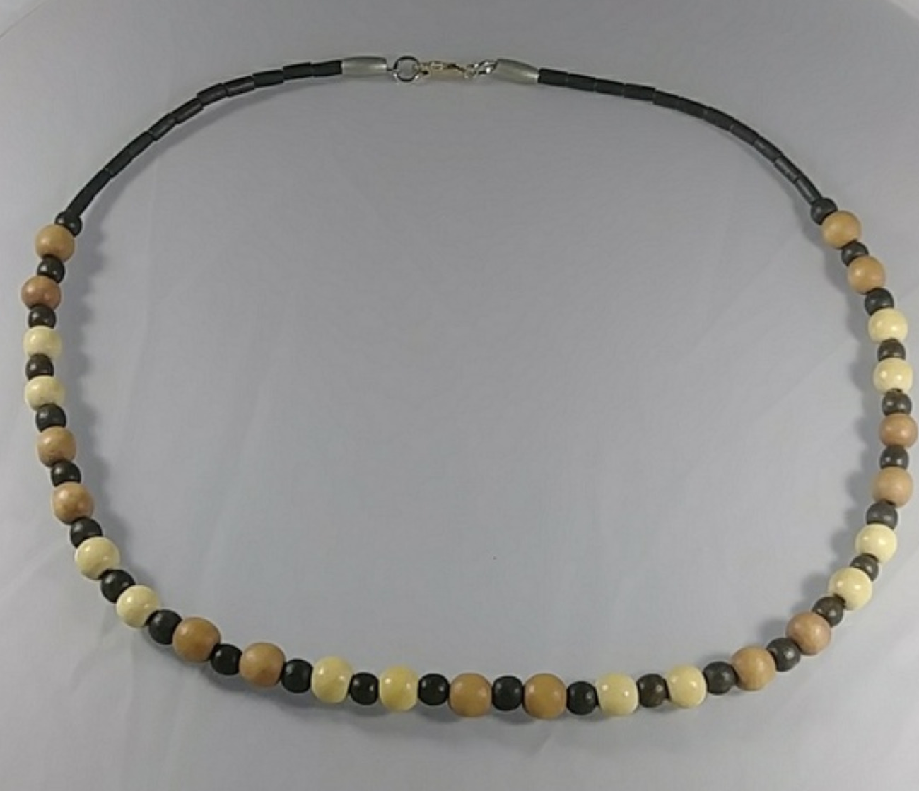 (376-NCK-MEN) - Description: Sterling Silver Lobster Claw, Wood Beads, Silver tone Beads - (Hand strung on bead stringing wire) - Dimension: 21 3/4' L (Inches)