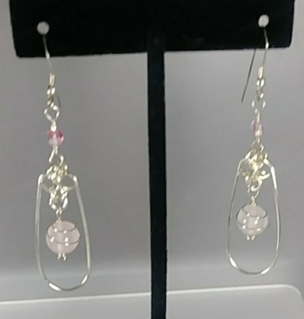 603 - EAR - Description: Earrings: Sterling Silver Earrings, Pink Quartz Gemstones and Swarovski Crystals (Sterling Silver Earwire) Dimension: 2 ' L (Inches)