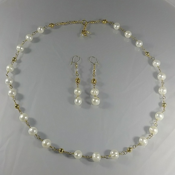 (300 -NCK) - Description: Genuine Pearl Beads, Swarovski AB Crystals, 14kt Gold Wire, Beads, Closure and Earwire - Dimension: Necklace 20 3/4 Inches (L)- Earrings 2 1/4 Inches (L)