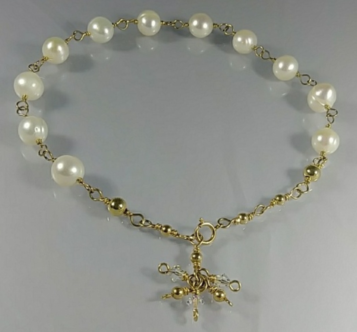 (200-BCT) - Description: Handcrafted Bracelet, Genuine Pearls, 14 KT Gold Wire, Beads and Closure, Swarovski AB Crystals - Dimension: Adjustable up to 10 3/4 ' L (Inches)