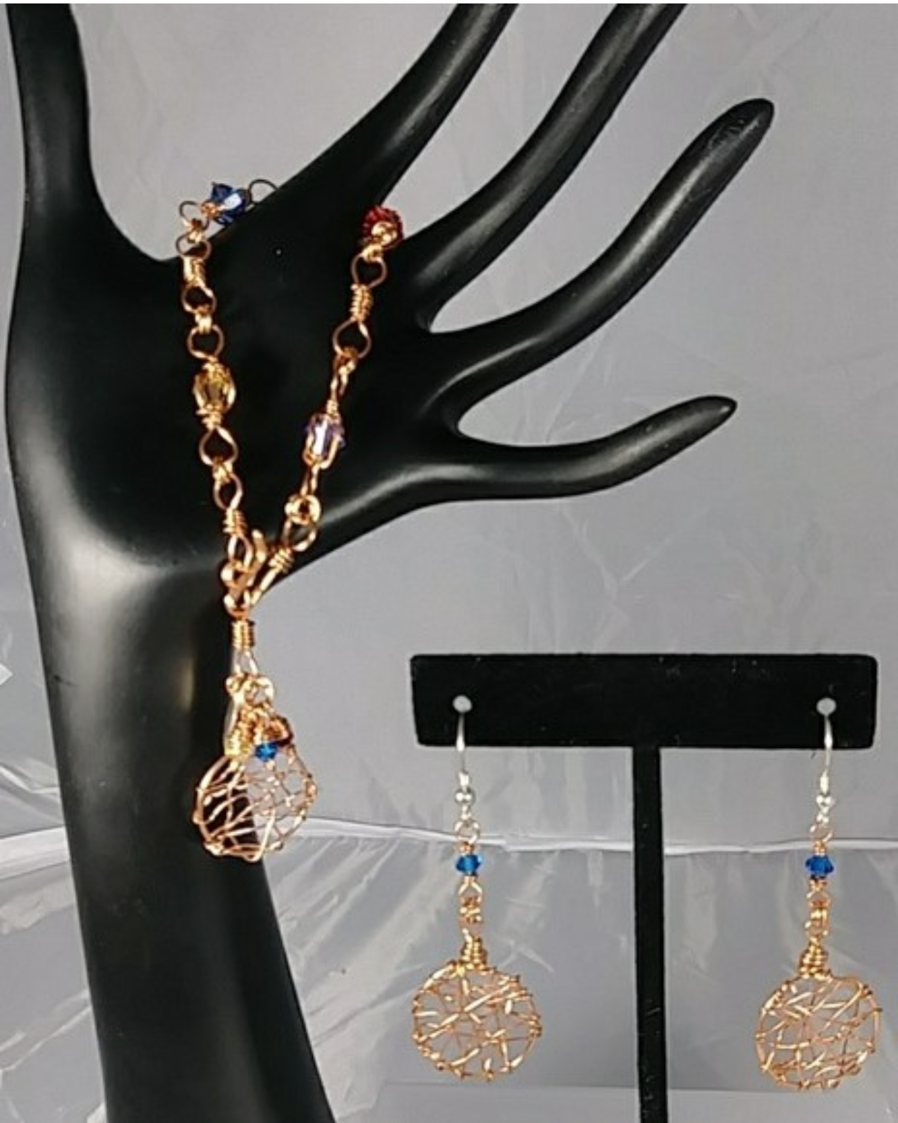 (221 - BCT) - Description: Handcrafted Bracelet/Earrings, Copper Wire, Swarovski Crystals, Sterling Silver Earwire Hook Closure - Dimension: Bracelet 8' L (Inches)