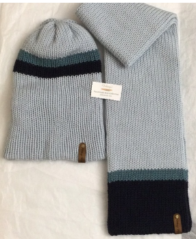 Item # 915 - Unisex Accessories - Material: 100% Acrylic Yarn, Custom Riveted Faux Leather Tags Construction: Double Layered Knit Scarf and Beanie Color(s): Smoke Blue, Misty Blue, Navy Blue Size: OS Stretchable