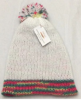 Item # 405 - Unisex Accessory - Material: 100% Acrylic Yarn - Care: Hand Wash, Cold Water, Dry Flat - Construction: Reversible, Double Layered Knit Beanie (handmade) - Size: Adult (One Size) Stretchable - Color(s): White and Multi-Colored Yarn - Item packed in clear resealable plastic storage bag